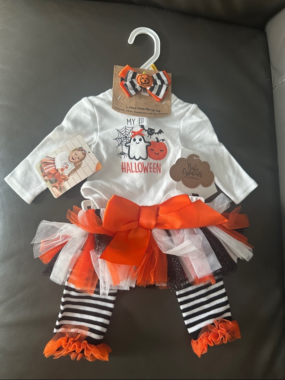 Baby Essentials Orange White Black Halloween Tutu Set with Bow